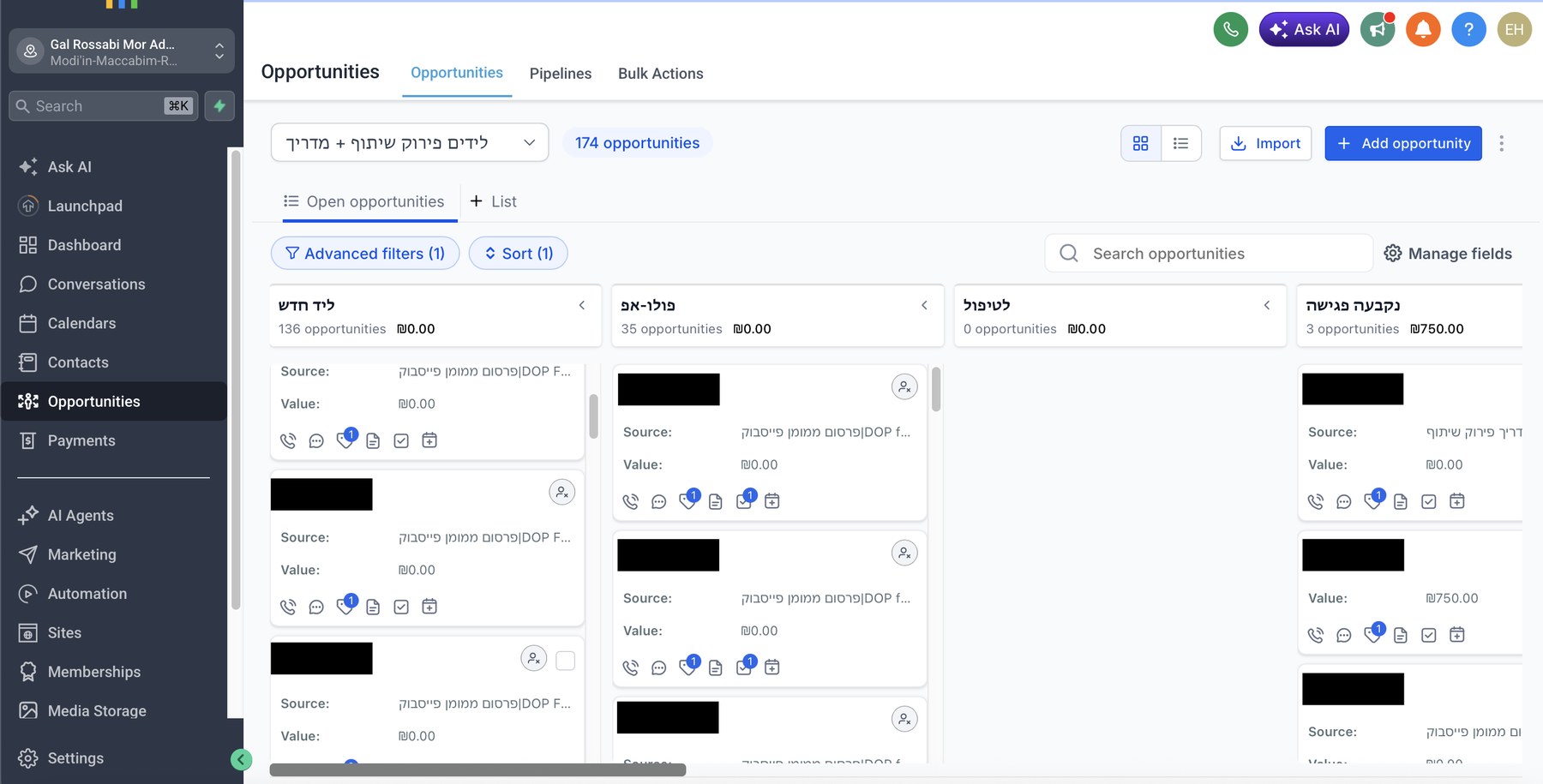 לוח הלידים ממשפך המדריך ב-CRM עם 174 לידים